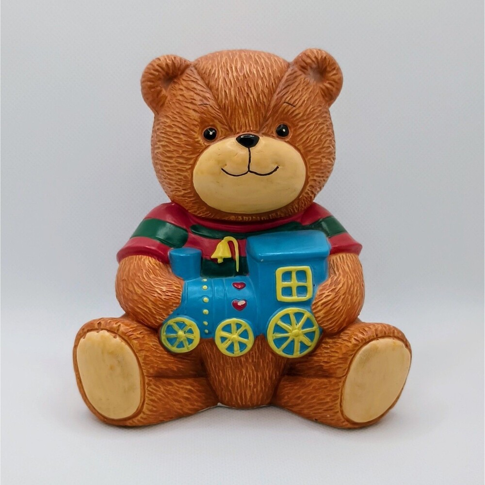 Enesco Lucy & Me Teddy Bear Holding Train Piggy Bank 1980 Savings Bank Vintage